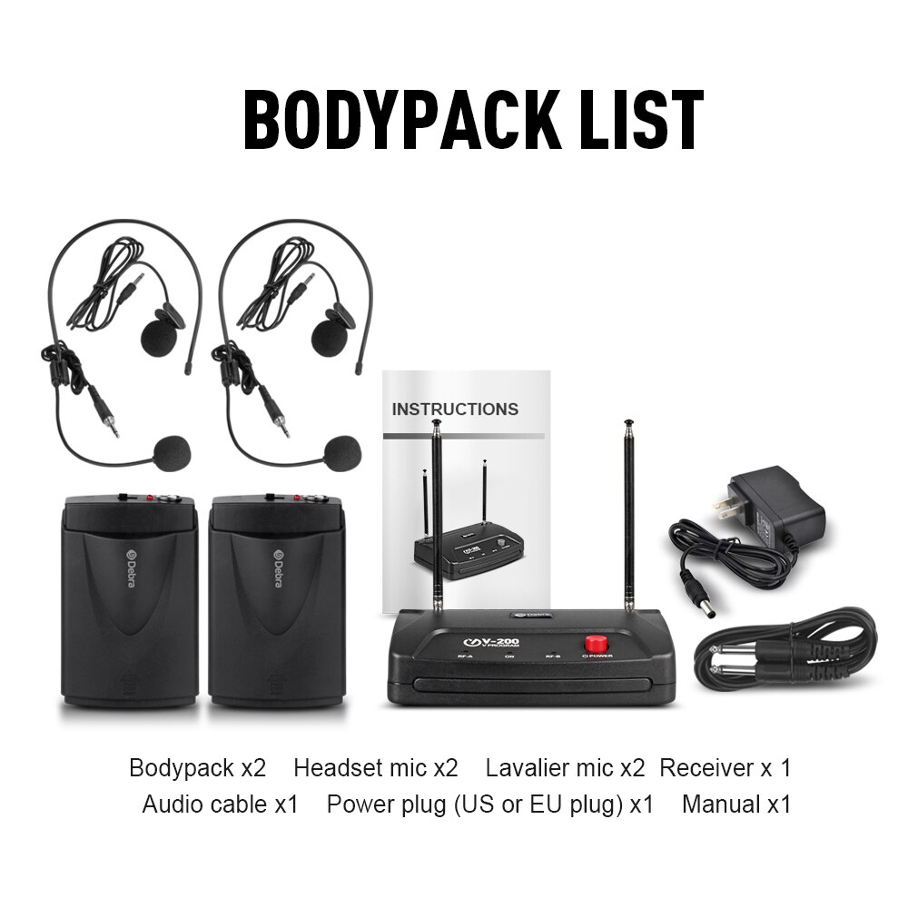 V-200 2channel VHF Wireless Microphone System with handheld and bodypack within 50 meters for karaoke Family Party: 2 bodypack