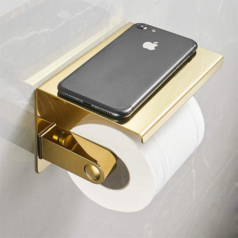 Double Roll Toilet Paper Holder with Phone Shelf, Stainless Steel Gold, Bathroom Tissue Holder Wall Mounted Tissue Dispenser