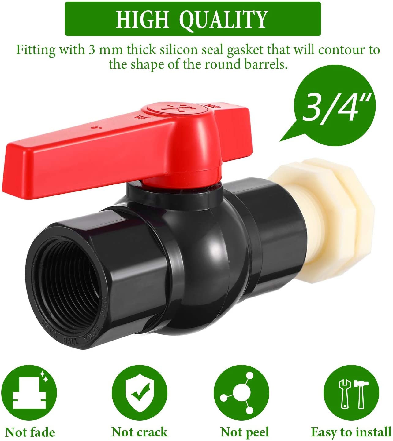 Rain Barrel Spigot Kit 3/4 Inch PVC Ball Valve, Double Female Thread, with Bulkhead Fitting Adapter, Male Thread, for Water Tank