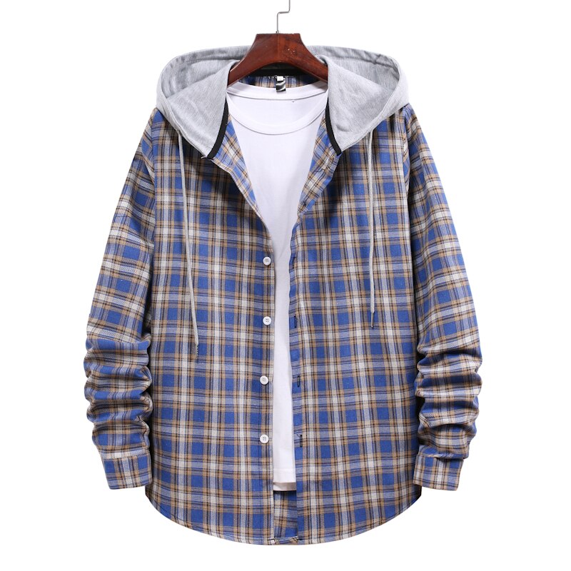 Chemise à capuche à manches longues pour homme, coupe slim, printemps-automne, à carreaux, décontractée, grande taille: Bleu / Xxl