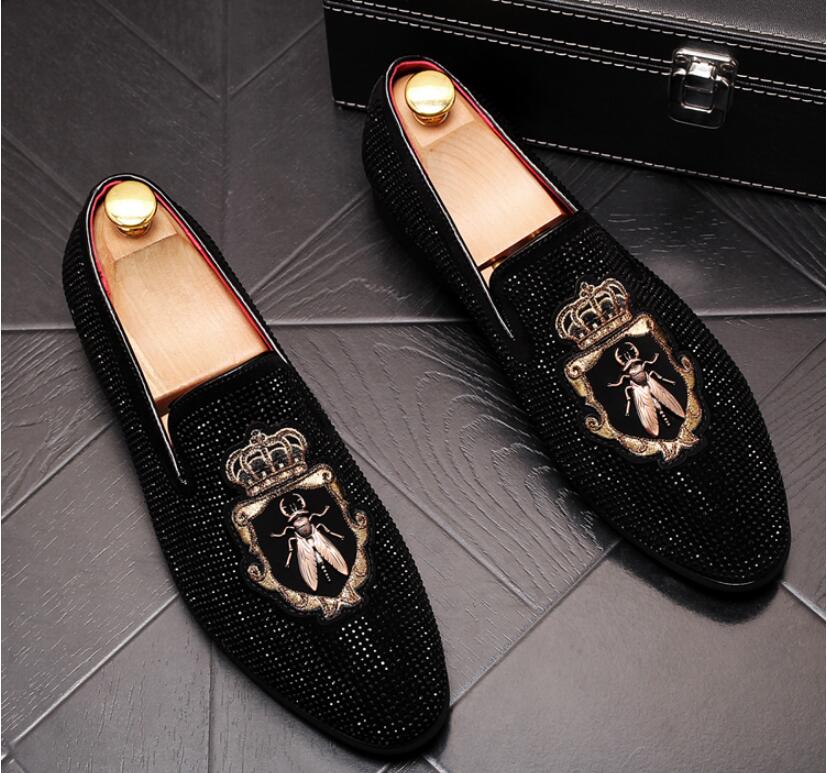 Guld topp och metall tå herr sammet strass klänning skor italienska herr klänning skor handgjorda loafers
