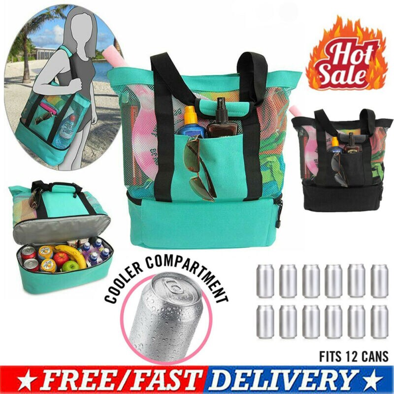 Draagbare koeltas picknicktas mesh strandtas eten drinken opslag canvas lunchtassen zomer strandtas
