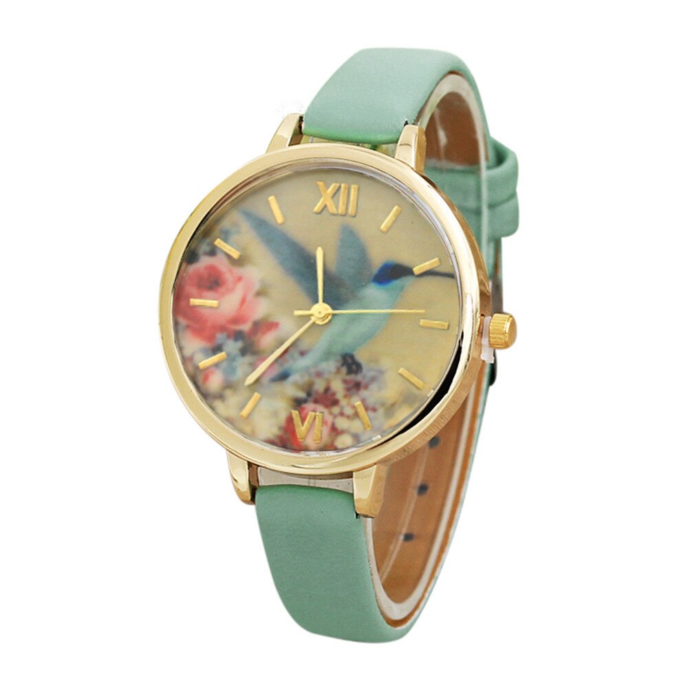 Vrouwen Jurk Leather Horloges Bloem Gedrukt Horloge Analoge Quartz Analoge Horloges Relogio Feminino: Green