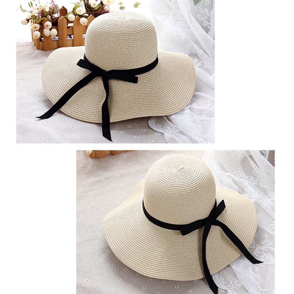 Summer Straw Hat Women Wide Brim Beach Sun Hats Ladies Floppy Beach Sun Foldable Cap Summer Wide Brim Straw Hat