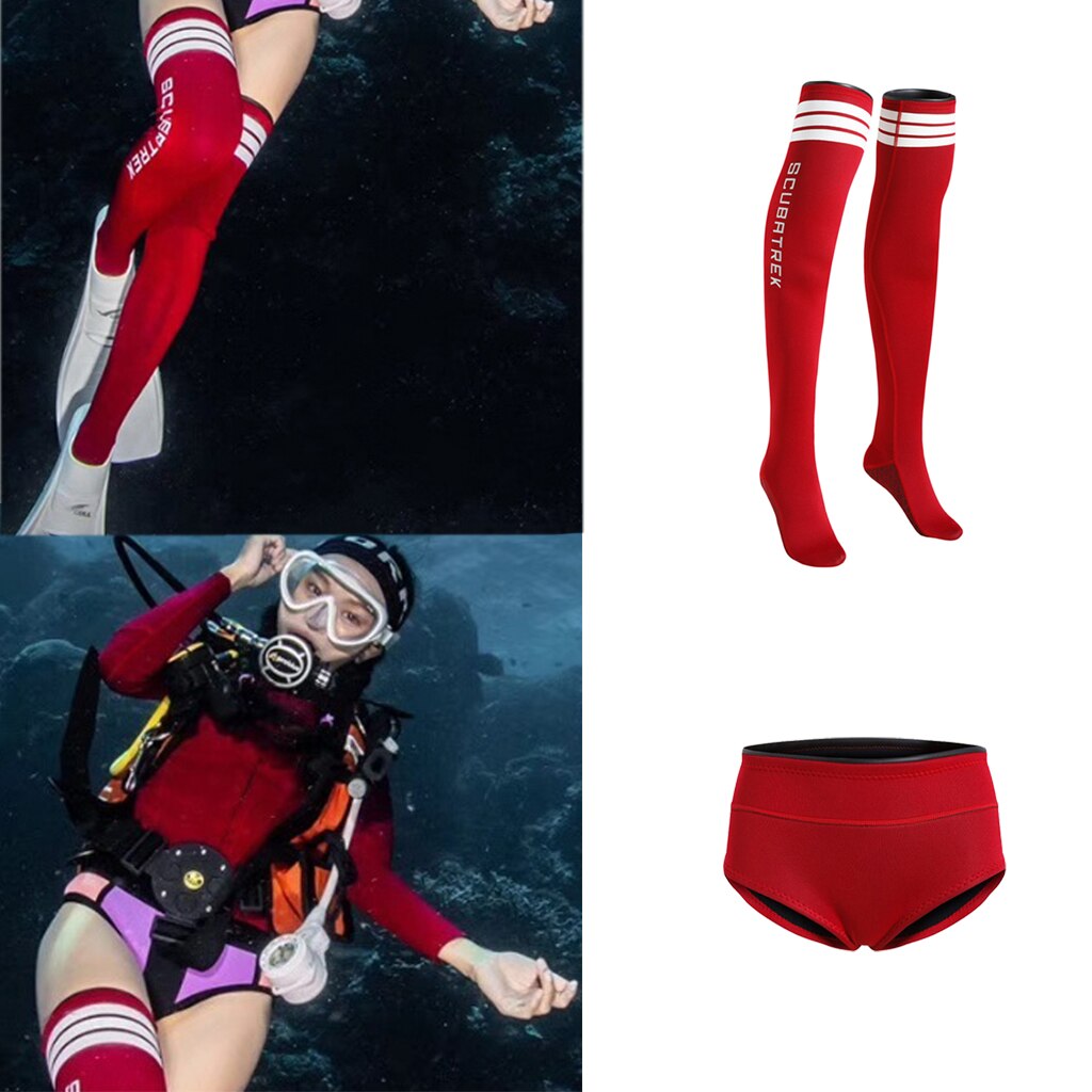 Women's Wetsuit Shorts - Neoprene Diving Suit - Anti-Slip Fin Socks - Red