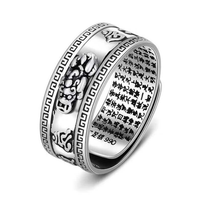 Feng Shui Pixiu Mani Mantra Wealth Ring Lucky Retro Silver Male: 02Pixiu silver