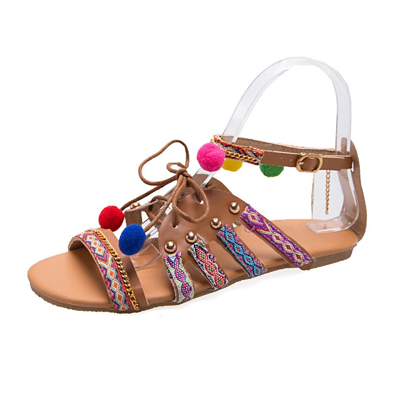 Zomer Sandalen Vrouwen Bohemen Sandalen Gladiator Lederen Sandalen Flats Schoenen Pom-Pom Sandalsfemme ete schoenen E995