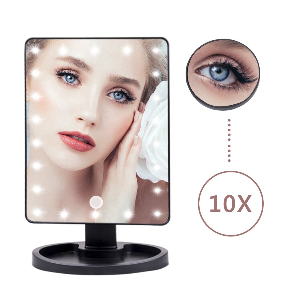 Espejo de maquillaje con 22 luces LED, espejo de aumento de 10X, lámpara de mesa con rotación de 180 grados, brillo iluminado, pantalla táctil, espejo de tocador