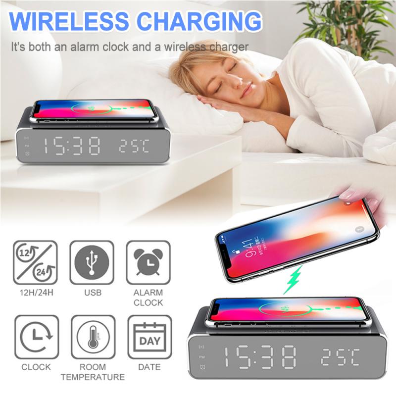 LED Electric Alarm Clock With Phone Charger Wireless Desktop Digital Thermometer Clock HD Clock Mirror With Time Memory