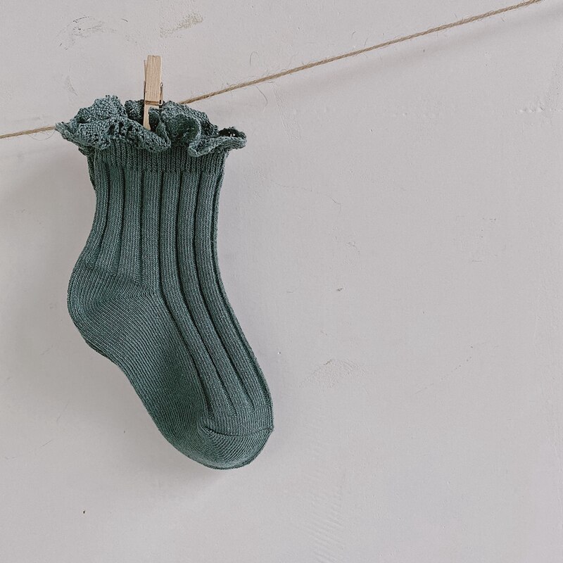 Chaussettes genoux pour filles en dentelle de coton, automne et hiver, pour enfants en bas âge, tendance, de couleur solide: green / L for 6 to 8T