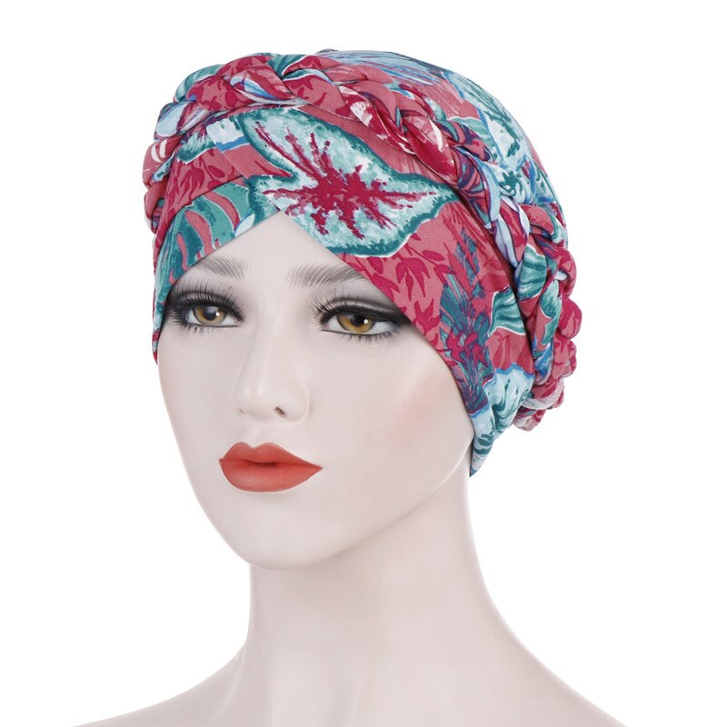 Turbante trenzado para mujer, pañuelo para la cabeza de algodón con estampado de flores, gorro, gorro cruzado para la frente, sombrero africano, listo para usar hijab musulmán, novedad de: 4