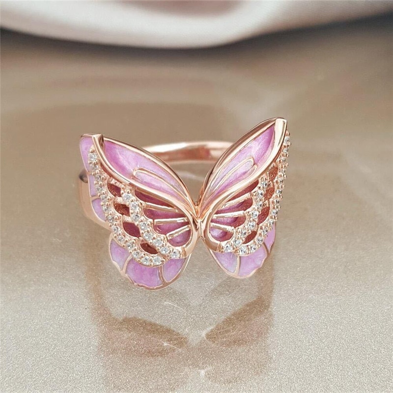 romantische Rosa Schmetterling Ringe Für Frauen Vintage Süße Ring Damen Engagement Ring Weibliche Mädchen Schmuck Goldene Ringe