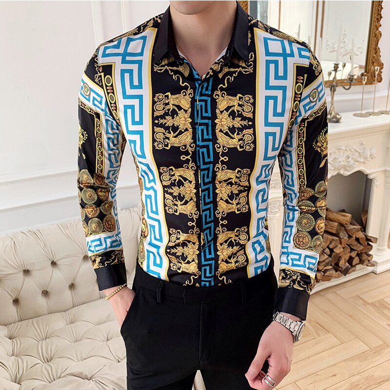 Blumen- Männer Hemd Neue Druck Männer Luxus Hemden schlank passen lässig Langarm Geschäft Hemd Homme M-4XL