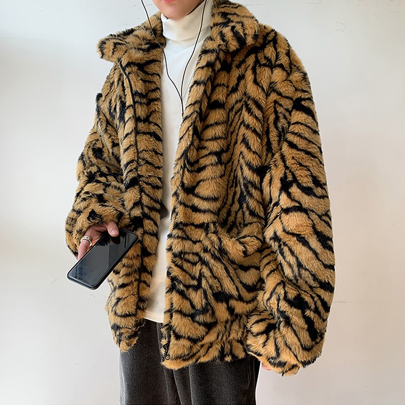Chaquetas de Parkas gruesas con rayas de leopardo para hombre, abrigo de invierno de piel sintética para hombre, Bolsillos de solapa con cremallera, ropa de abrigo