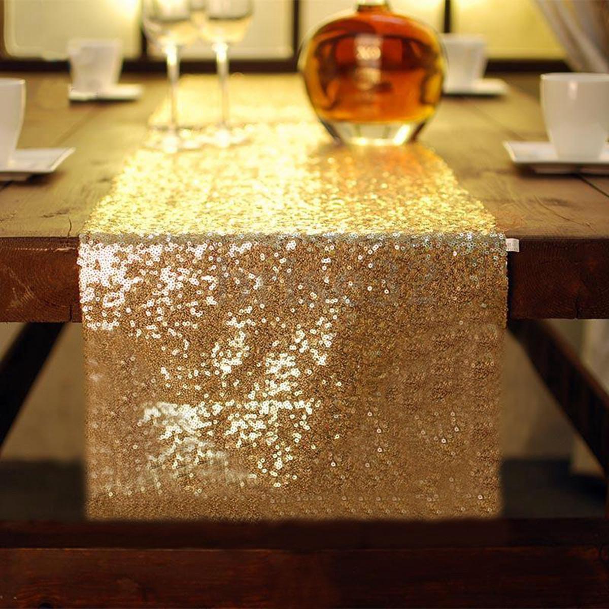 Gold Silver Tone Champagne Sequin Table Runner 12"x108" Sparkly Wedding Decor