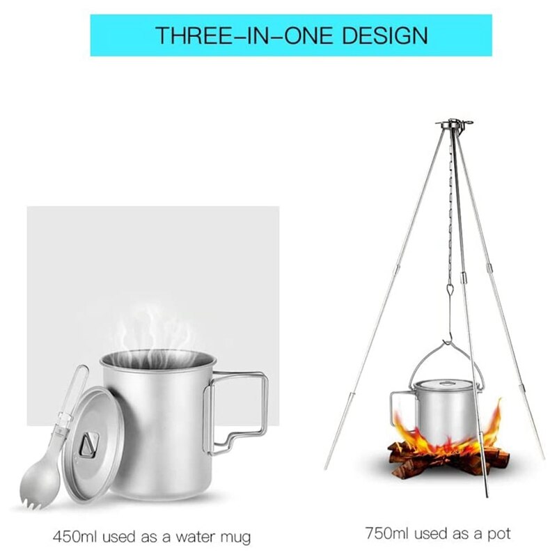 na wolnym powietrzu kemping tytanowy kubek 750Ml garnek + 450Ml kubek + lekka łyżka, tytanowy kubek składany uchwyt z pokrywkami