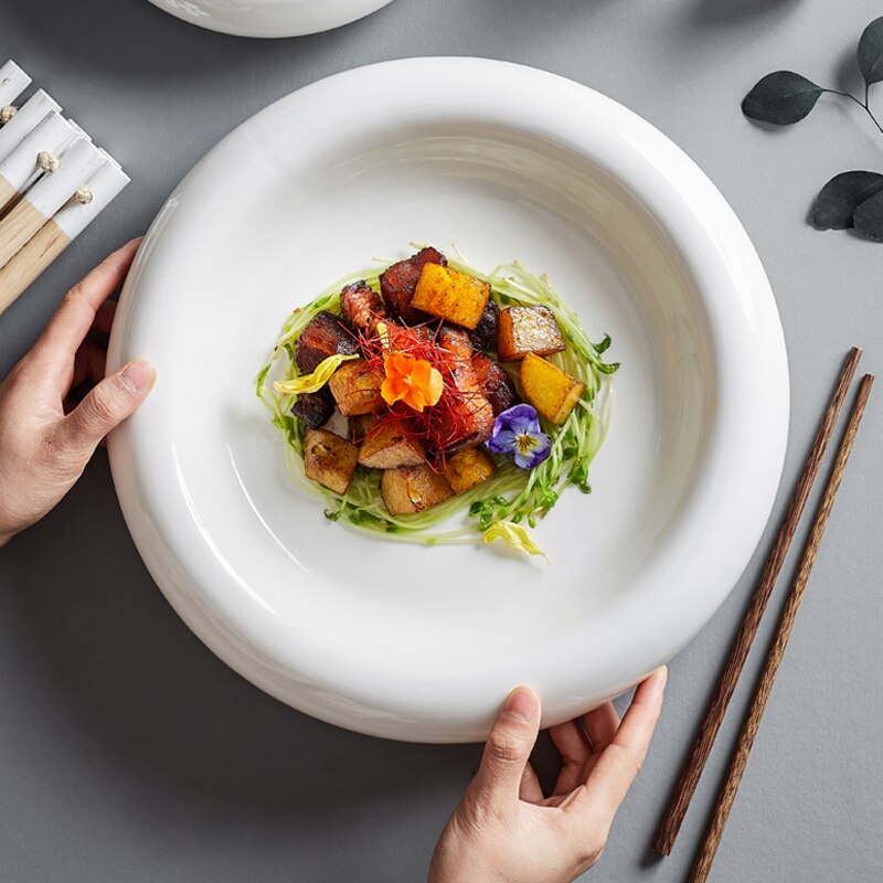 Plato blanco de Hotel, vajilla nórdica, placa de cerámica doméstica, placa de aislamiento, placa gruesa occidental, platos de cena para sala de estar