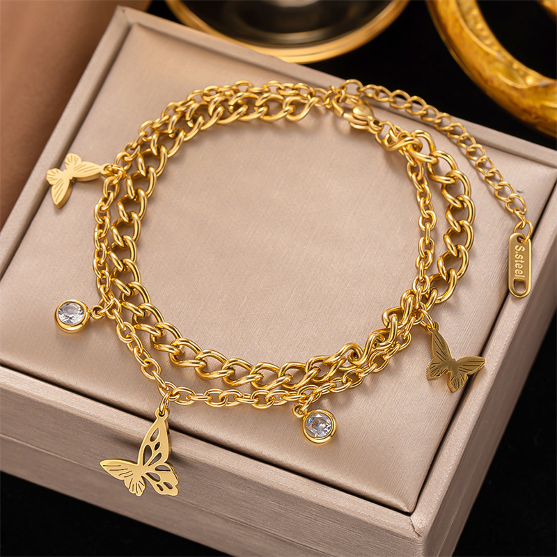 Acciaio inossidabile 316L New Fashion Fine Jewelry 4 stili 2-Layer zircone Butterfly Leafs Dolphin Charm Chain bracciali per le donne
