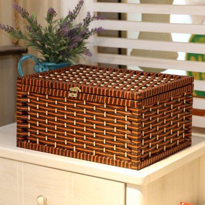 Rustieke Geweven Mand Papier Opbergdoos Met Deksel Handgemaakte Home Organisatie En Opslag Gebreide Desktop Rieten Manden: brown red strip / 30x20x13cm