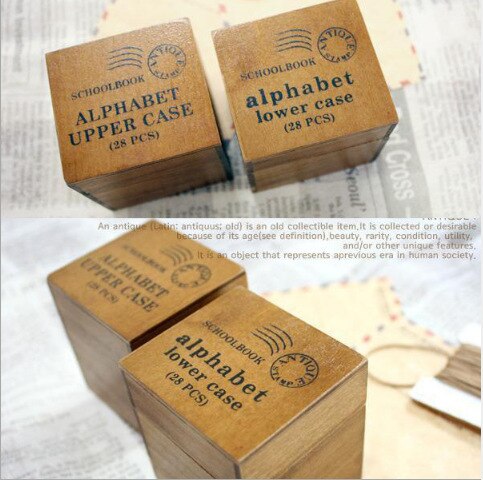 Alphabet Stamp Box Lower Case or Upper Case Letter Hand Writing Stamp Antique Wooden Rubber Stamp with Case 28 Characters