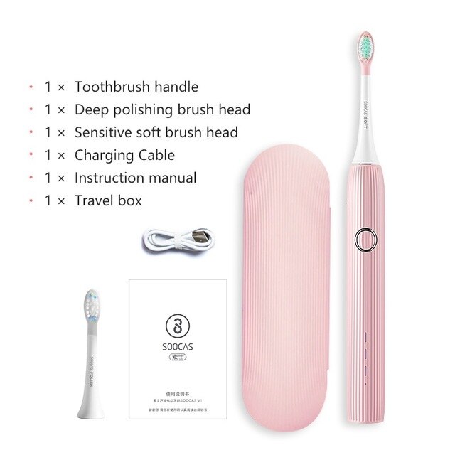SOOCAS V1 Electric Toothbrush Sonic Ultrasonic Automatic Type-c Rechargeable Waterproof Tooth Brush Adult Travel Box: Pink