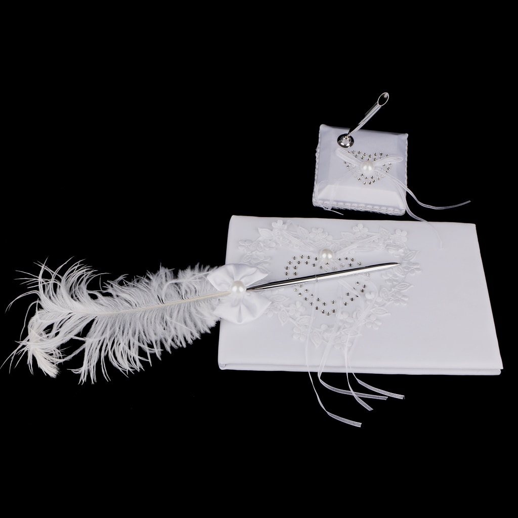 Gastenboek Pen Bruiloft Hart Wit Receptie Gastenboek Veer Strik Pen En Stand Set Feestartikelen