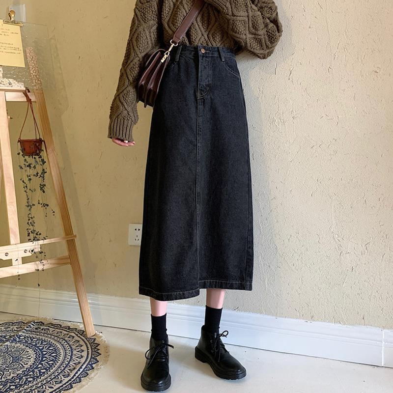 Retro lange midi denim nederdele kvinder højtaljede knaplommer split jeans lige nederdele plus størrelse koreanske sommerunderdele: Sort / M