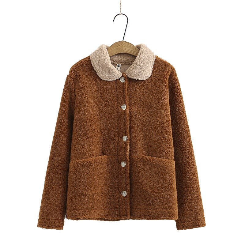 Femmes hiver polaire veste col claudine bouton vers le bas manteau Sport décontracté Preppy automne veste Beige café mignon manteaux: Coffee / 3XL