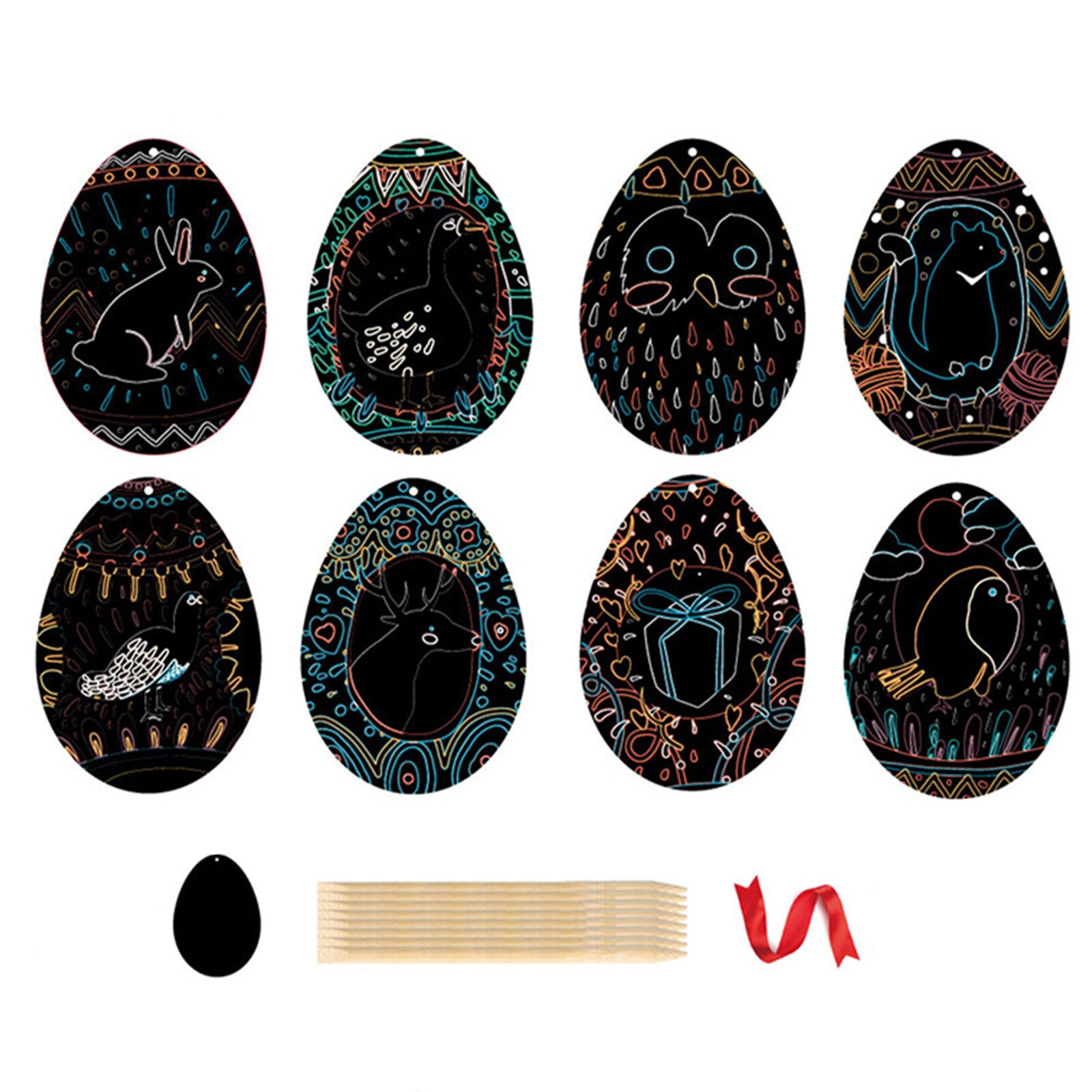 DIY Easter Egg Rainbow Easter Egg Rabbit Chick Scratch Art Ornaments with Ribbons Scratching Pens for Kids Hunt Party: 24pcs