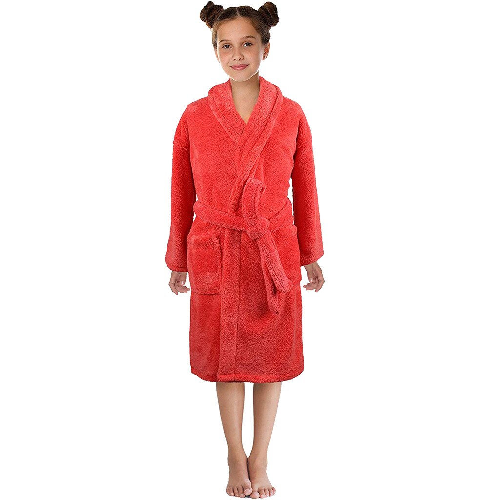 Thick Solid Flannel Robes Toddler Boys Girls Solid Flannel Bathrobes Towel Night-gown Pajamas Sleepwear Халат Махровый Женский: Red / 9-12 Years