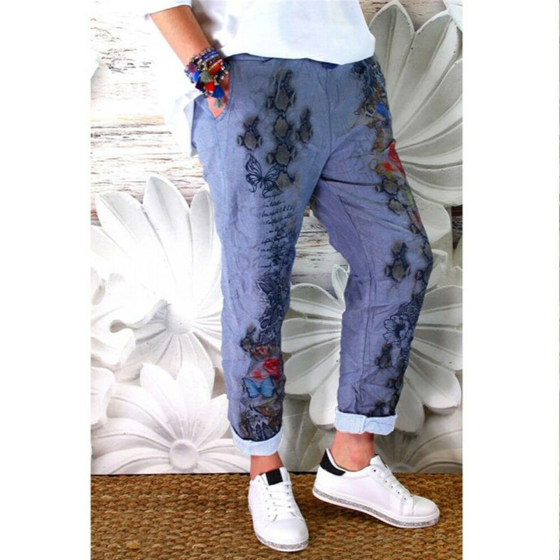 Women Elastic Floral Waist Pencil Stretch Skinny Drawstring Jeans Pants Trousers