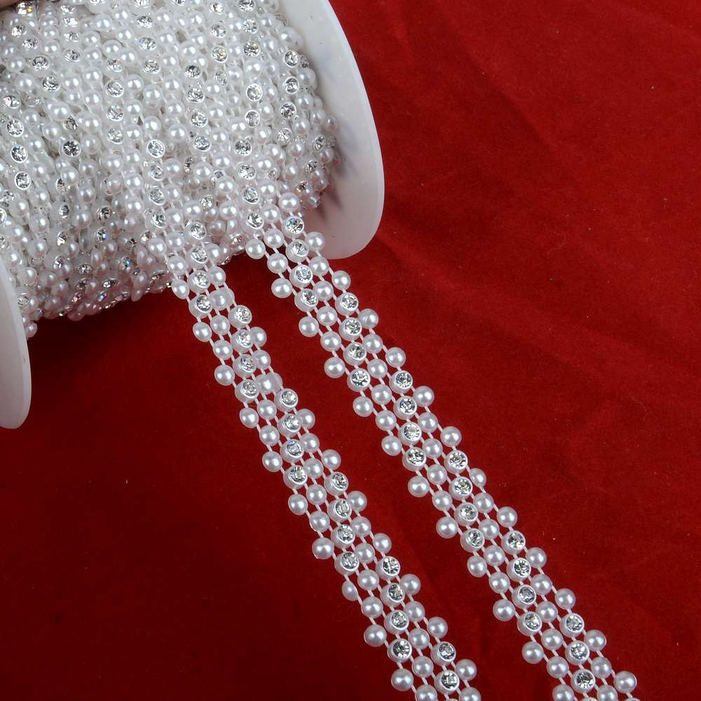 BOLIAO 1 Yard 15mm (9/16 &quot;) breedte ABS Imitatie Parel Kralen Ketting Trim en 4mm Ronde Steentjes Wedding Party Decoratie R2007