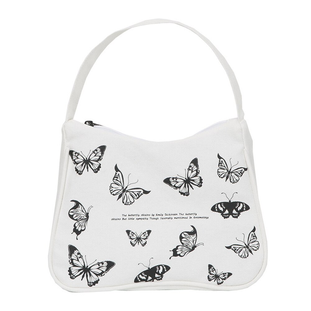 Frühling Frauen Kleine Handtasche Schmetterling Druck Leinwand Tote Damen Unterarm Tasche Reißverschluss halb Mond Taschen Baumwolle Tuch Geldbörse