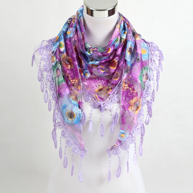 Women Triangle Scarf Lace Floral Summer Beach Tassel Scarves Chiffon Silk Wrap Pashmina Stole Foulard Hijab SJJ02
