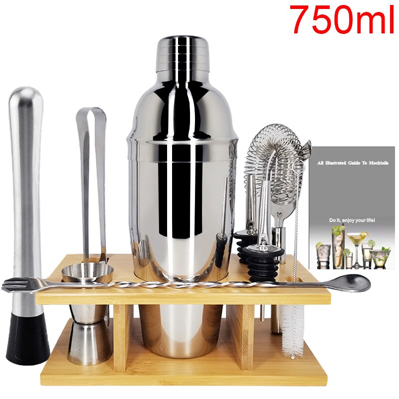 9 Bar Set, Stainless Steel Cocktail Shaker Bar Tools with Stylish Wood Stand: 750ml Shaker Rack
