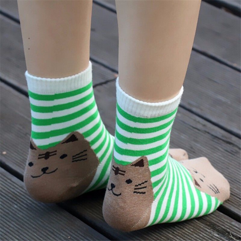 Goocheer bomuld koreansk stil dame sjov strømper dame piger børn tegneserie kat bomuld ankelstrømper y: Grøn