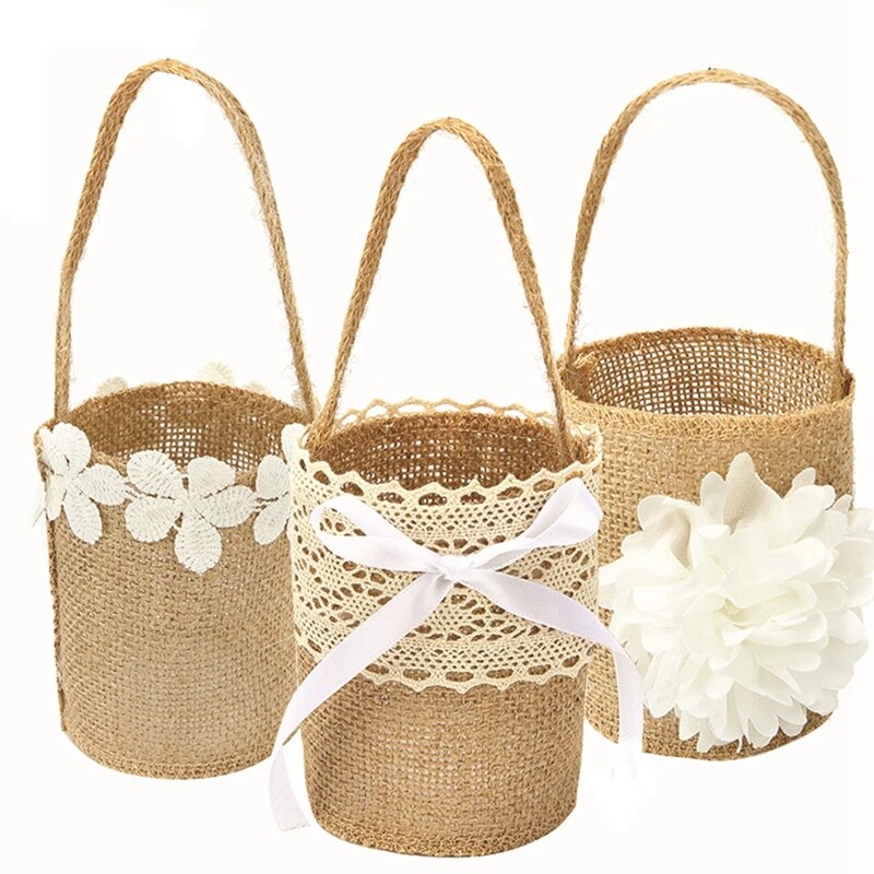 Ślub koronkowy jutowy kwiat kosz lniany uchwyt Vintage rustykalny ślub ceremonia dekoracja stołu Baby Shower Party cukierki prezent torba