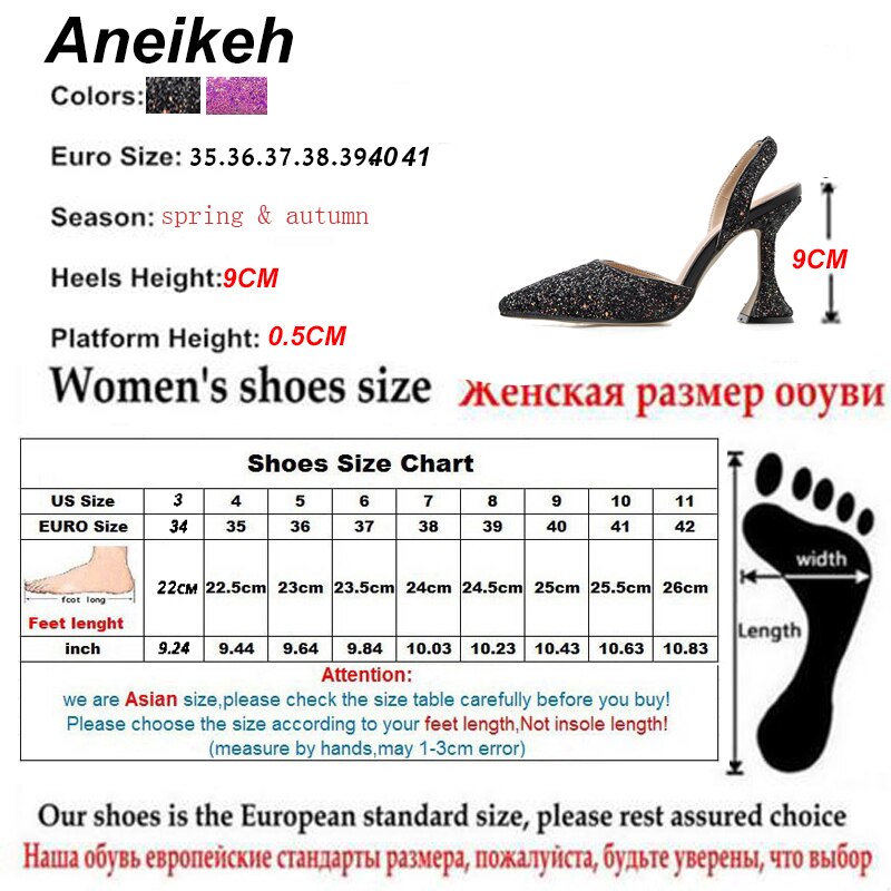 Aneikeh Glisten Sequins Women Pumps Pointed Toe High Heels Weeding Shoes Spike Heel Slingback Ladies Pumps