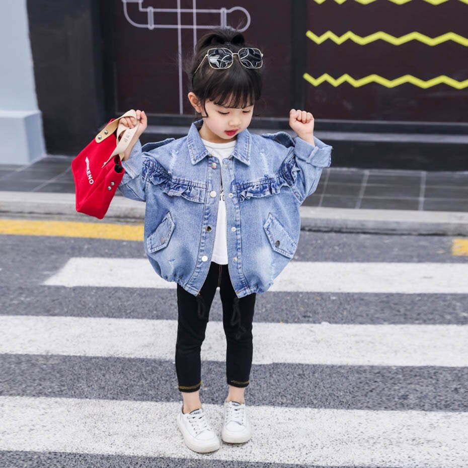 Meisjes Jas Ruches Meisje Denim Jacekt Jas Kinderen Lente Herfst Jas Kinderen Casual Stijl Baby Meisje Kleding