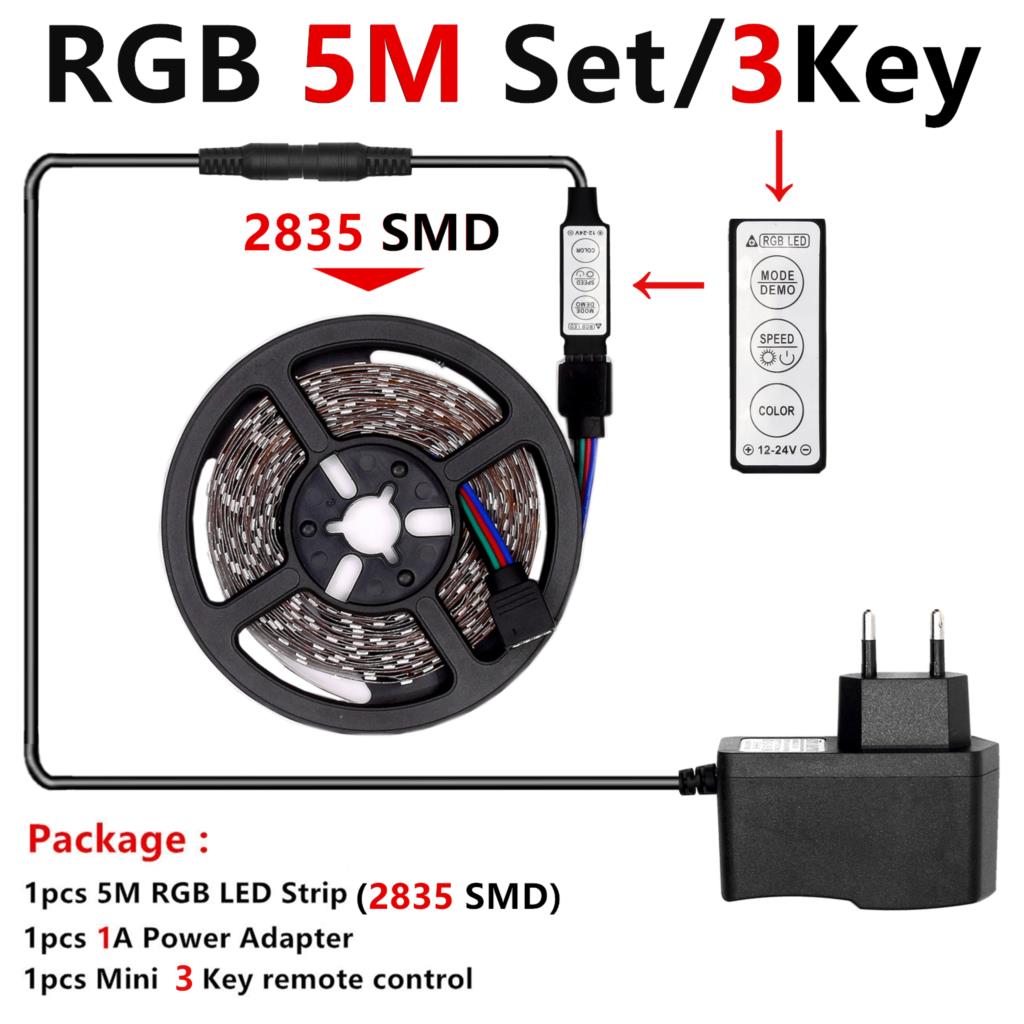 Rgb Led Strip Waterdicht 2835 5M 10M DC12V Fita Led Light Strip Neon Led 12V Flexibele Tape ledstrip Met Controller En Adapter: 5M 3key Set / IP65 Waterproof / US Plug Power