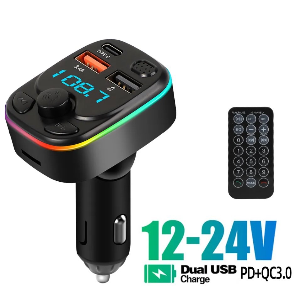 Transmisor FM manos libres Bluetooth 5,0 para coche PD tipo C Dual USB 3.4A luz ambiental colorida reproductor modulador MP3 2023: Gris