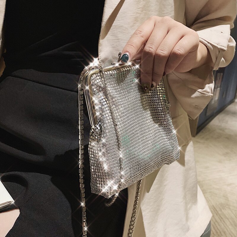 Sølv metall kvinne kveld bag luksus diamant dusk kvinner fest clutch bag crossbody kjede bag vesker og vesker bolso mujer