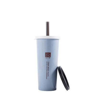 Portable Wheat Straw Cup with Straws Multi-Functional Double Lid Cola Coffee Plastic Cup Drinking Cup: blue