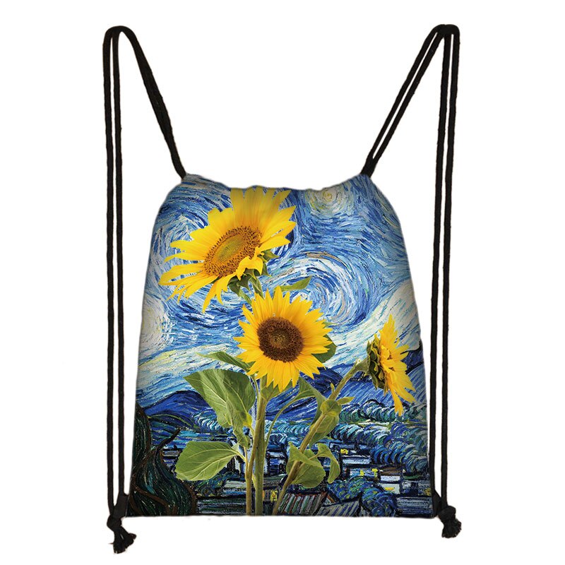 Van Gogh Sunflower Starry Night Drawstring Bag Women Canvas Storage Bags Casual Backpack Ladies Travel Bag: skdsunflower17