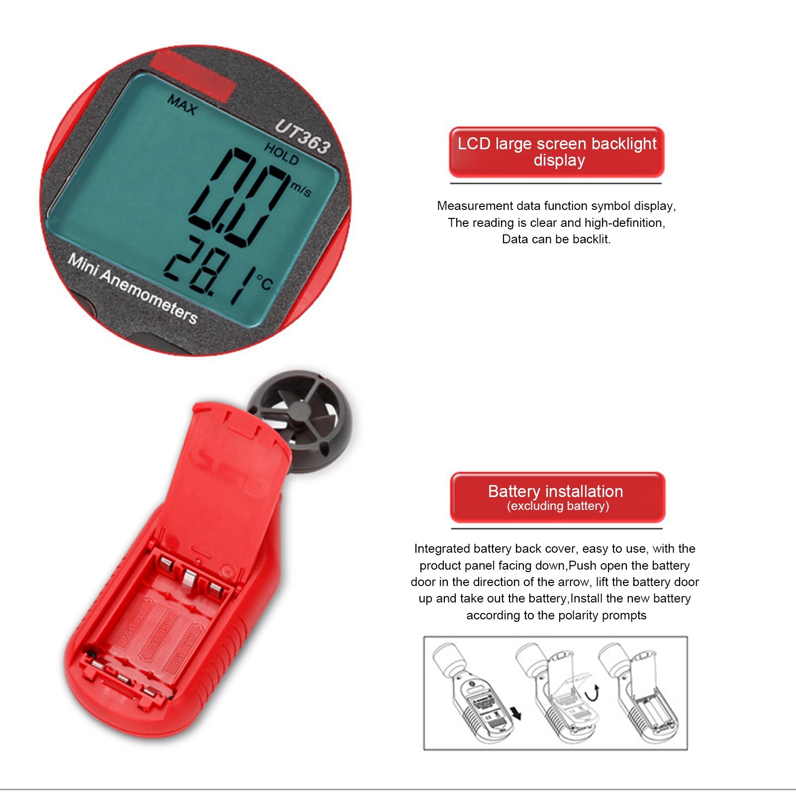 UT363/UT363 Bluetooth LCD Backlight Digital Display Anemometer Handheld Wind Speed Meter for Measuring Wind Speed or Temperature