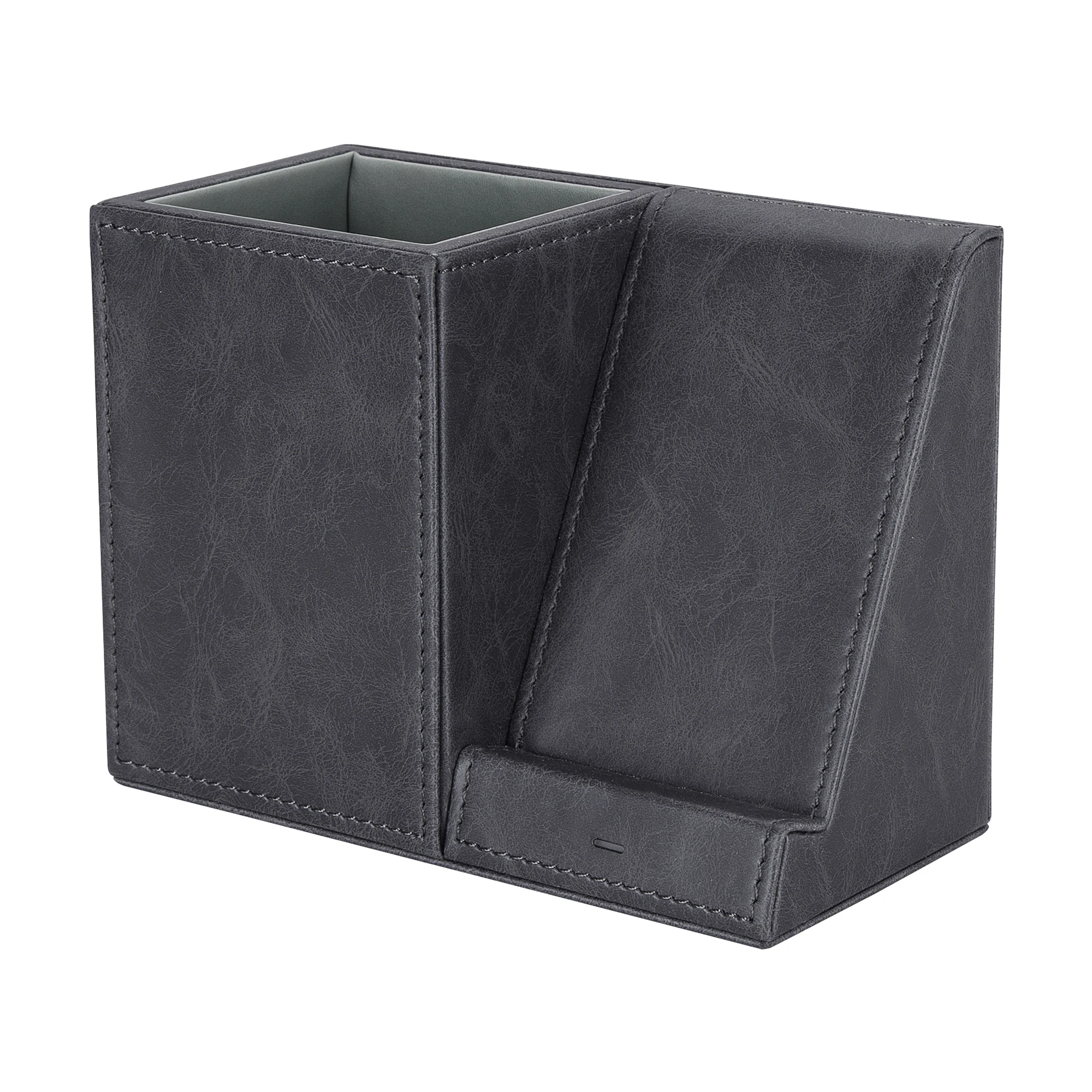 Leren pennenhouder voor op het bureau, draadloze oplaadstandaard voor je telefoon: Geel