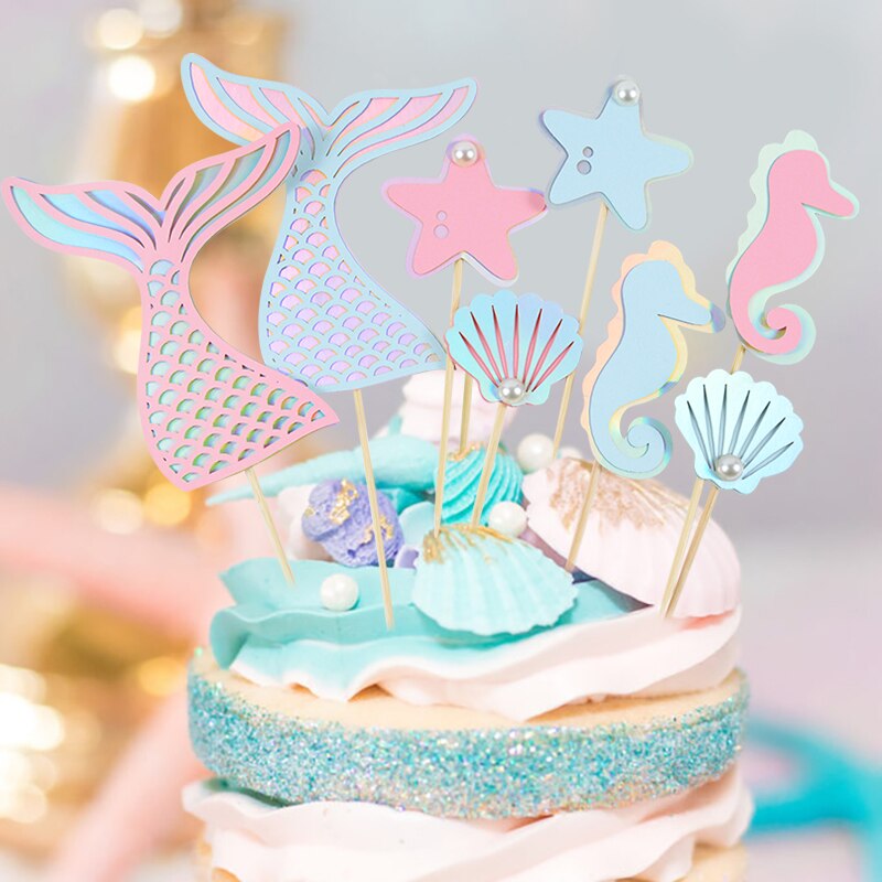 Adornos para pastel de cola de sirena y estrella de mar, decoración para de cumpleaños para niños, decoración para cupcakes, suministros para Baby Shower y boda, 4 unids/set por Set