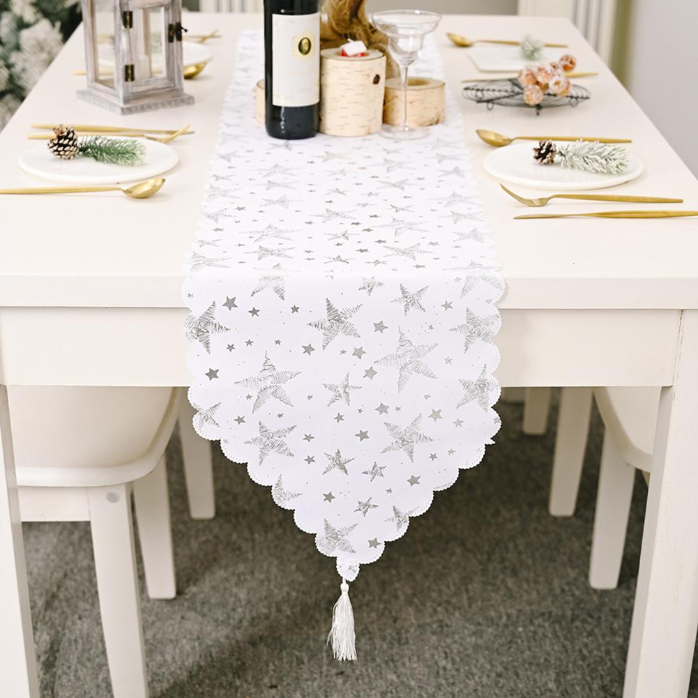 Gold Stamping White Table Runner for Christmas Party Decoration Table Runner Banquet Party Wedding Decoration Tafelloper: Silver star