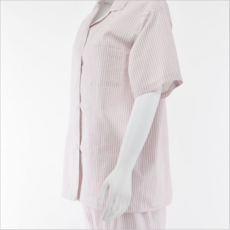 Conjunto de pijama a rayas para hombre, ropa de dormir informal de verano, 100% algodón, cárdigan con cuello vuelto, camisa y pantalones a media pierna