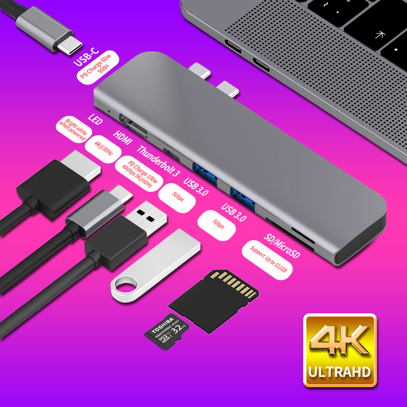 Usb 3.1 typ-c hubb till hdmi-adapter 4k thunderbolt 3 usb c-hub med hubb 3.0 tf sd-läsarplats pd för macbook pro/air -